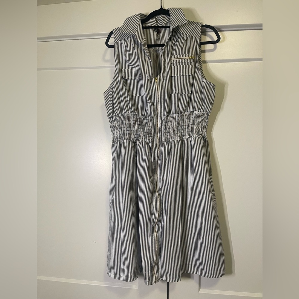 J Glee Blue & White Stripe Zip Front Utility Dress